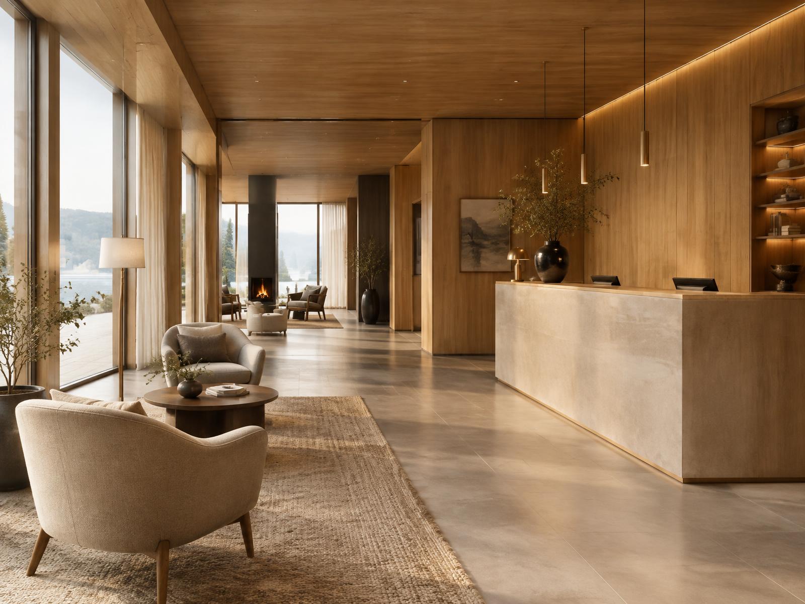 Lys, moderne hotellobby med resepsjon i skandinavisk stil